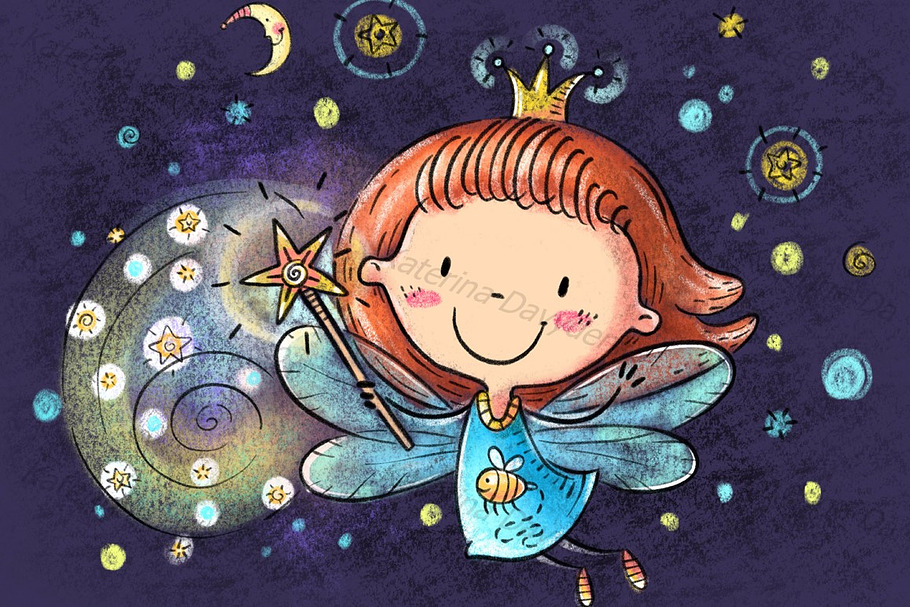 Little cartoon fairy, magic wand.
