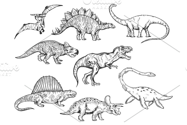 Dinosaur set sketch engraving
