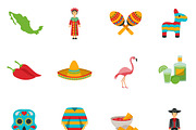 Traditional Mexico flat icons set