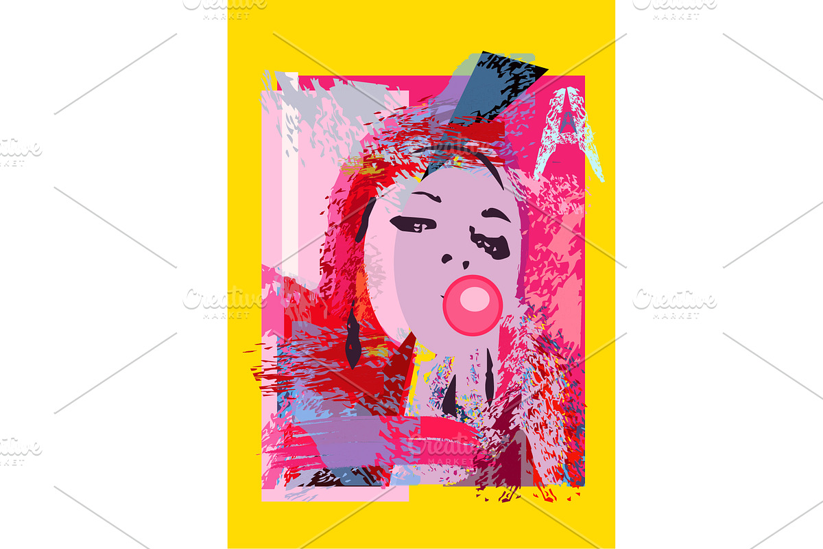 Girl with chewing gum, Punk colorful in Graphics - product preview 8