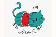 Cute cat loves watermelon