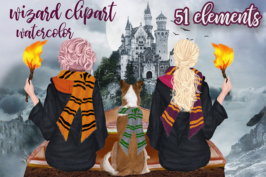 Wizard Girls clipart Wizard friends in Illustrations - product preview 8