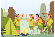 Camping scouts. Campfire in forest