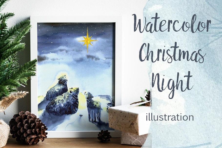 Watercolor Christmas Night Print in Illustrations - product preview 8