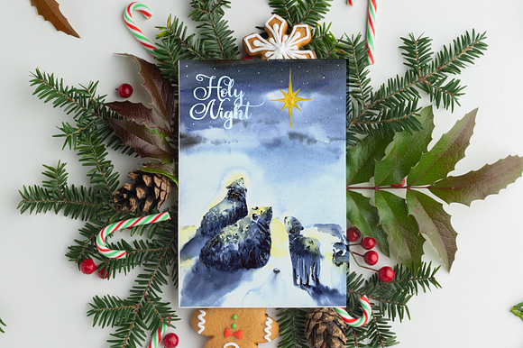 Watercolor Christmas Night Print in Illustrations - product preview 2