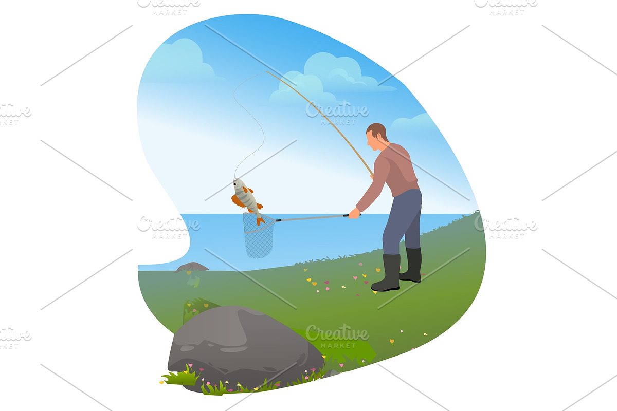 Man with Rod Fishing on Lake, Hobby in Illustrations - product preview 8