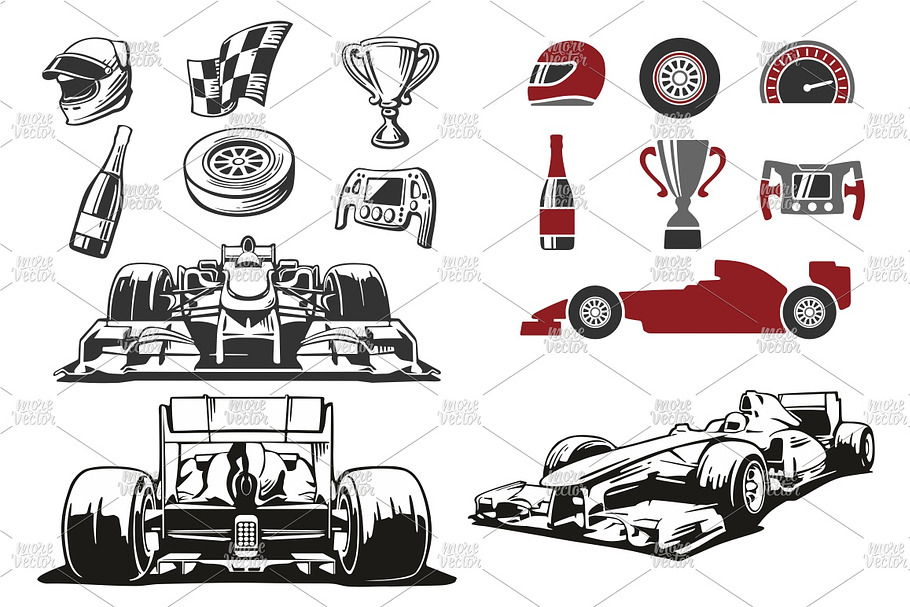 Formula one car race icons set