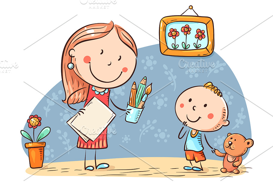 Mother encouraging the kid to draw in Illustrations - product preview 8