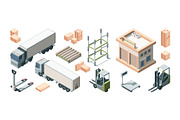 Warehouse building, trucks and
