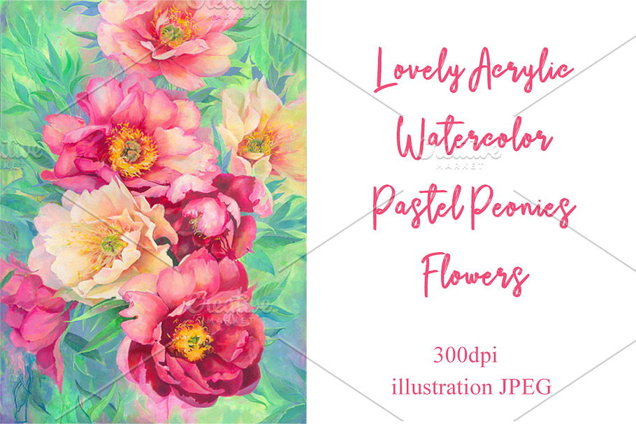 Watercolor acrylic Peony flowers