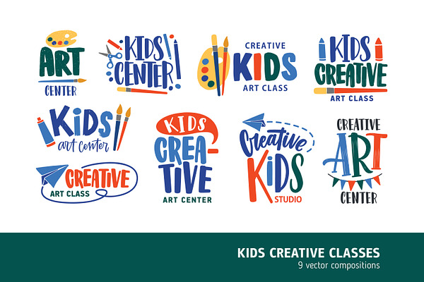 Kids creative art class logo set