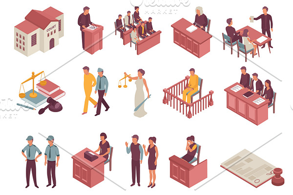 Justice isometric icons set