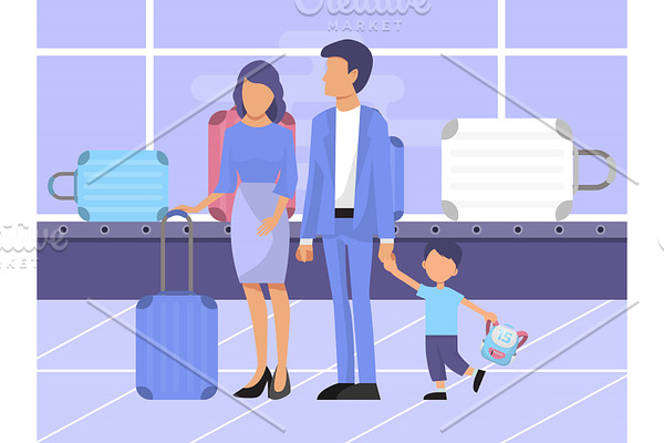 Family at baggage claim area vector