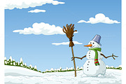 Winter landscape with melted snowman