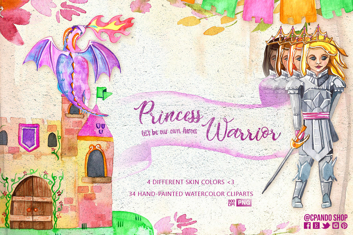 Warrior Princess watercolor clipart in Illustrations - product preview 8