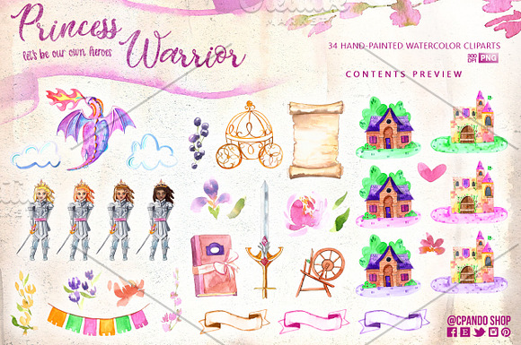 Warrior Princess watercolor clipart in Illustrations - product preview 1