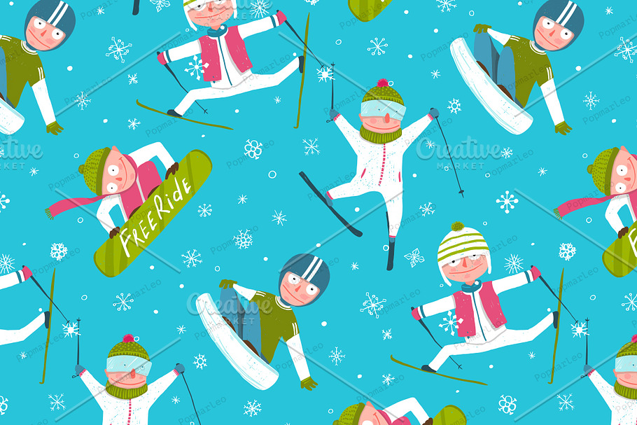 Skier Snowboarder Seamless Pattern in Illustrations - product preview 8