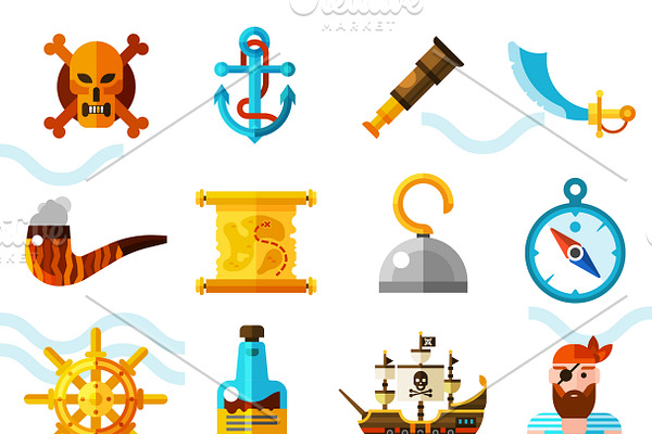 Pirates flat color icons set