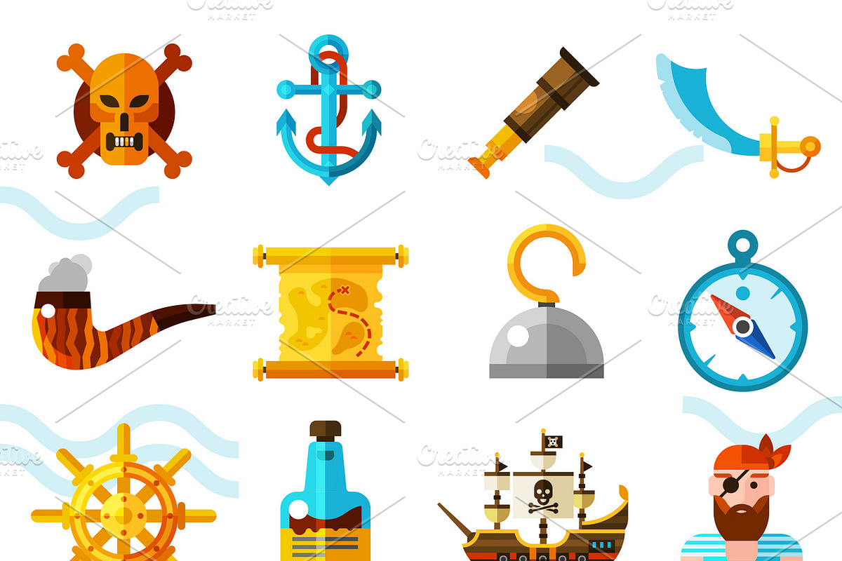 Pirates flat color icons set in Icons - product preview 8