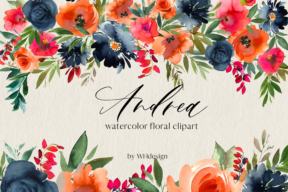 Andrea Watercolor Orange Blue Floral in Illustrations - product preview 8