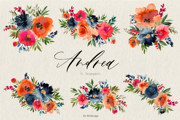 Andrea Watercolor Orange Blue Floral in Illustrations - product preview 1