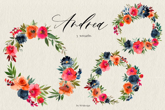 Andrea Watercolor Orange Blue Floral in Illustrations - product preview 2