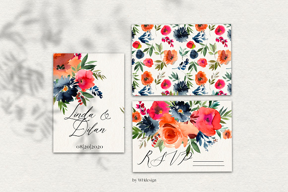Andrea Watercolor Orange Blue Floral in Illustrations - product preview 6