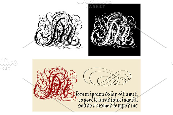 Decorative Gothic Letter M. Uncial