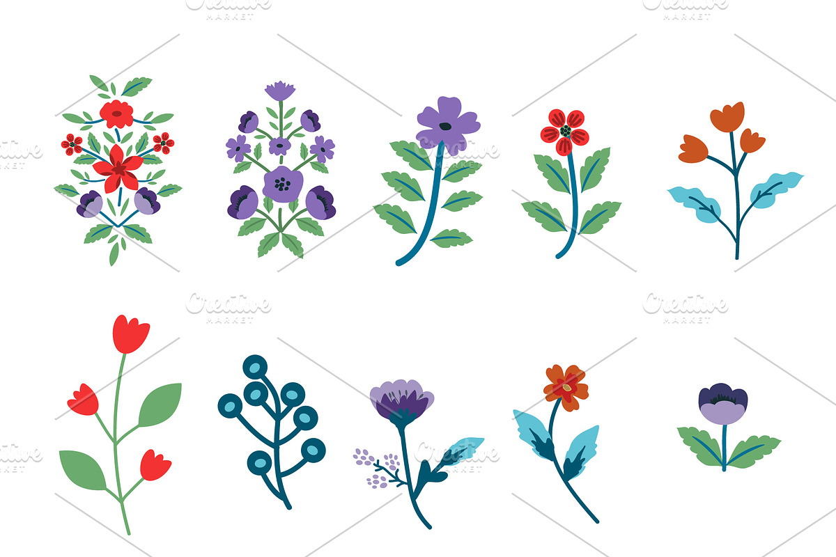 Decorative blue and red flowers set in Objects - product preview 8