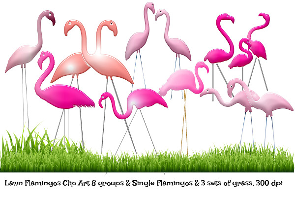 Pink Lawn Flamingos & Grass Clip Art