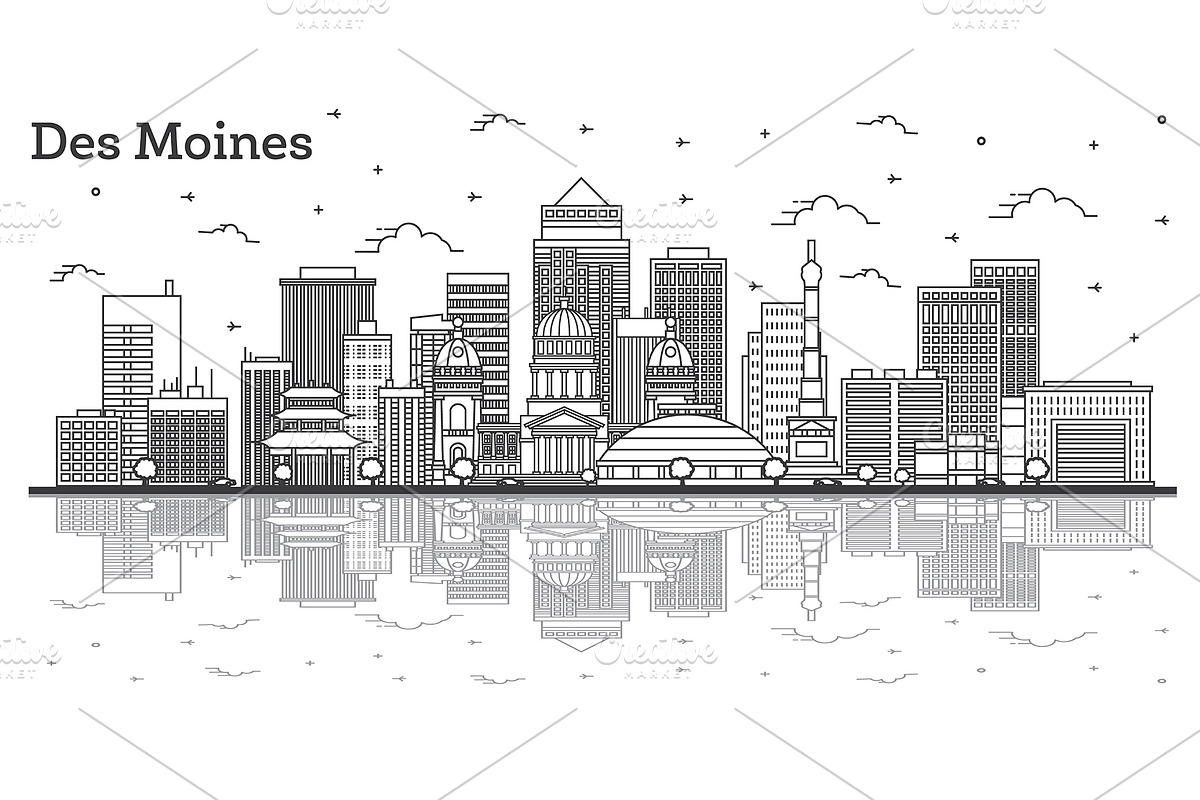 Outline Des Moines Iowa City Skyline in Illustrations - product preview 8