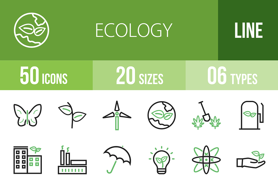 50 Ecology Green & Black Icons
