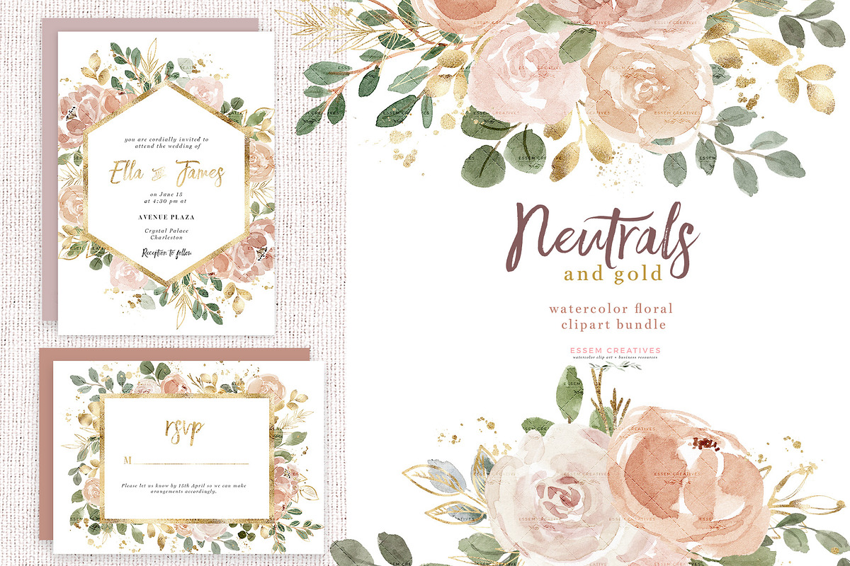 Neutral Watercolor Florals with Gold in Illustrations - product preview 8