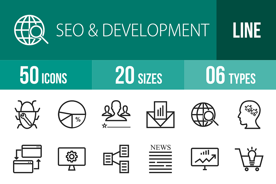 50 SEO & Development Line Icons