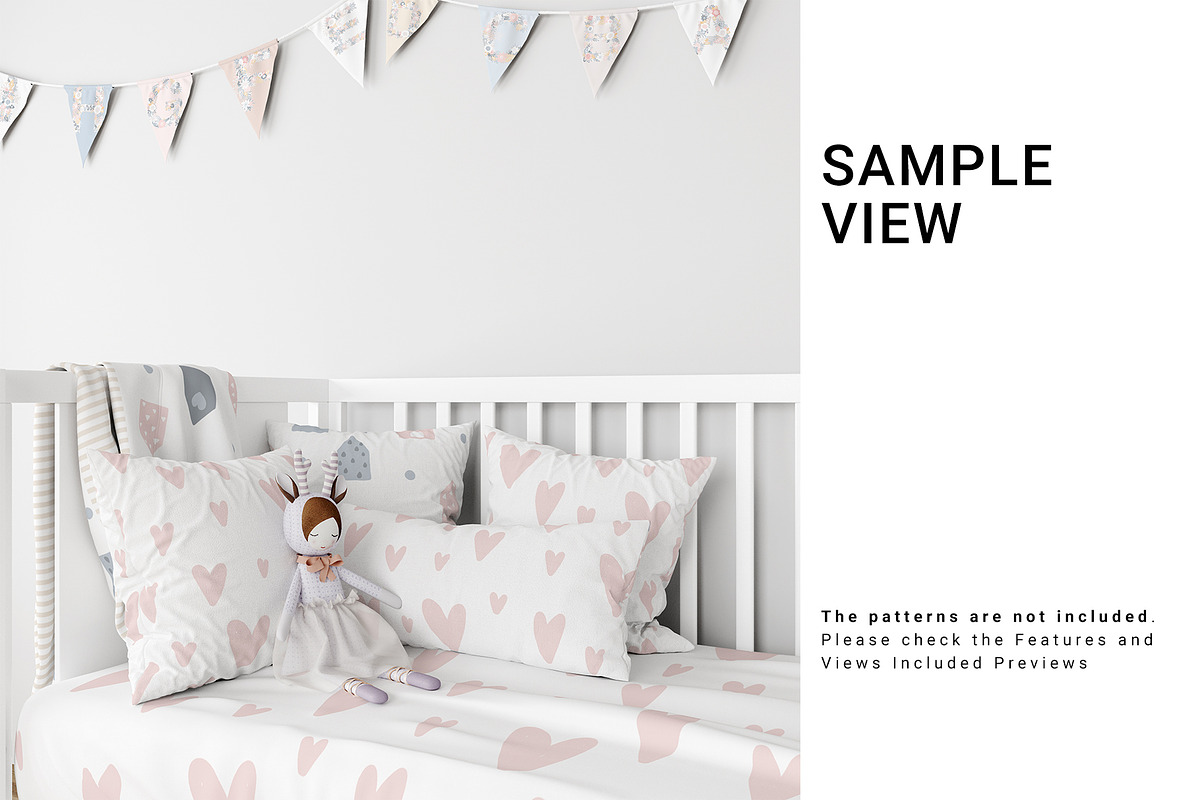 Baby Crib with Duvet & Pillows Set in Product Mockups - product preview 8
