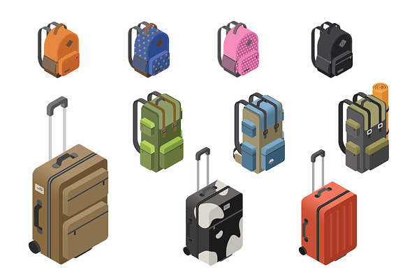 Isometric set of travel baggage
