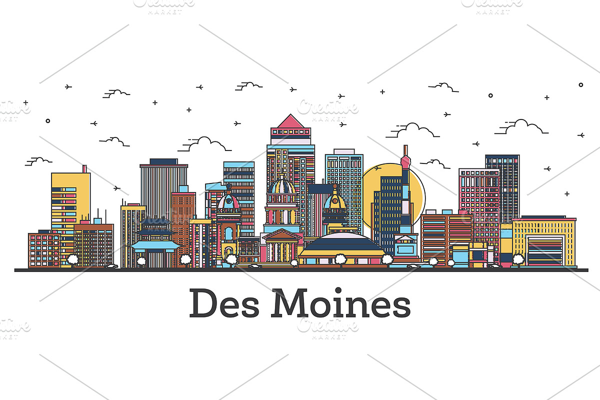 Outline Des Moines Iowa City Skyline in Illustrations - product preview 8