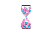 Hourglass with pink and blue hearts.