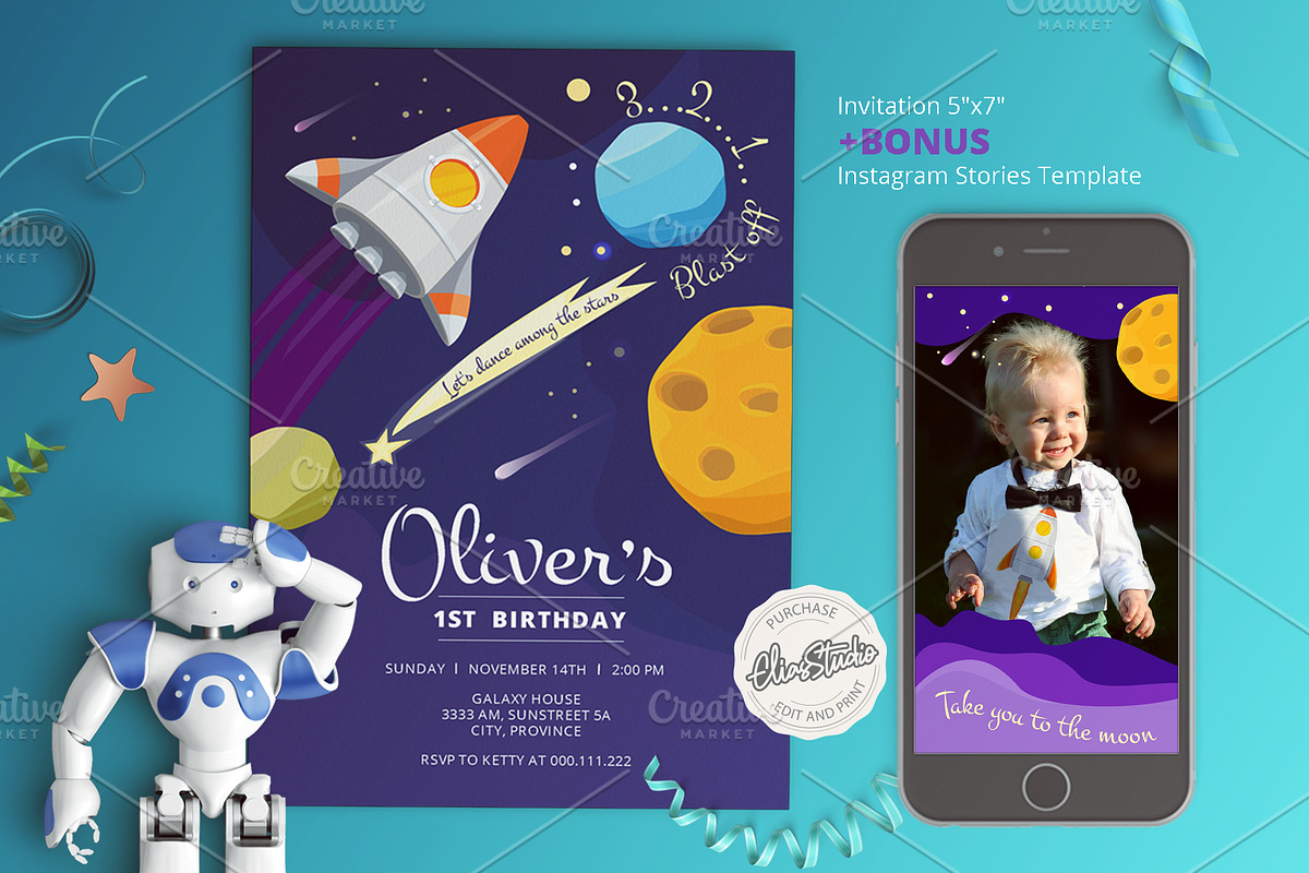 Space Birthday Invitation in Card Templates - product preview 8