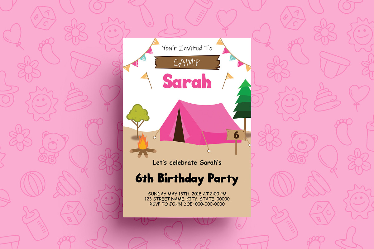 Pink Camping Tent Party Invitation in Card Templates - product preview 8