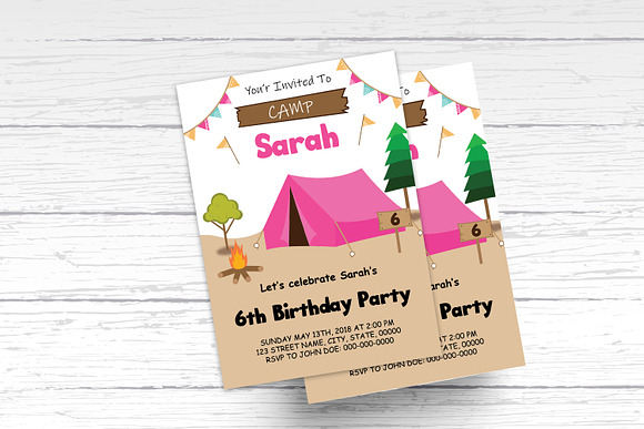 Pink Camping Tent Party Invitation in Card Templates - product preview 1