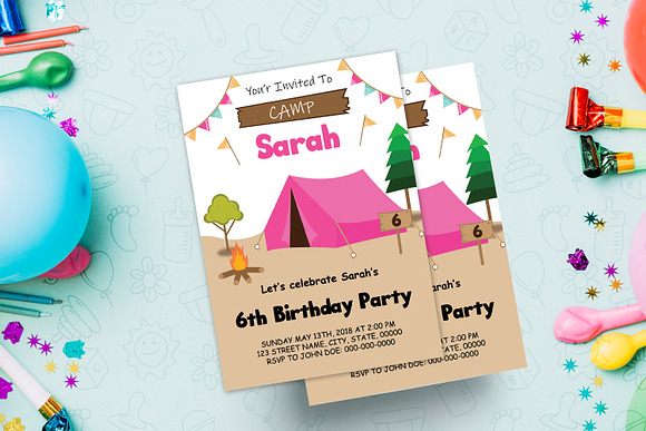 Pink Camping Tent Party Invitation in Card Templates - product preview 2