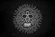 Bee logo with sunburst on black.