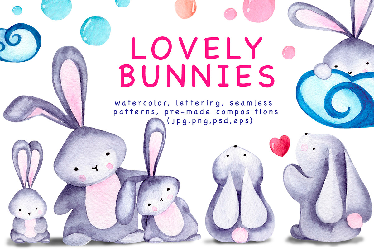Lovely bunnies-watercolor collection in Illustrations - product preview 8