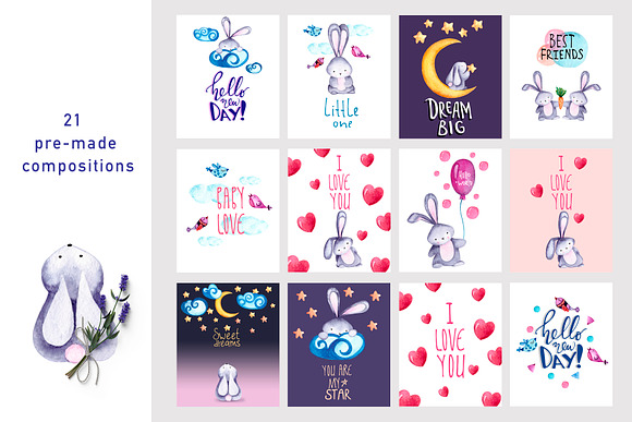 Lovely bunnies-watercolor collection in Illustrations - product preview 3
