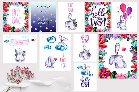Lovely bunnies-watercolor collection in Illustrations - product preview 4