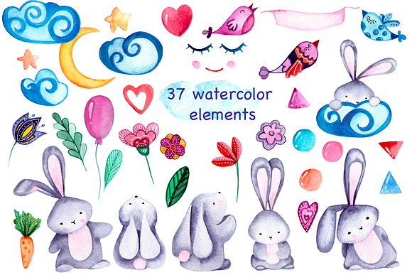 Lovely bunnies-watercolor collection in Illustrations - product preview 9