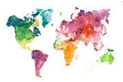 Watercolor world map hand drawn