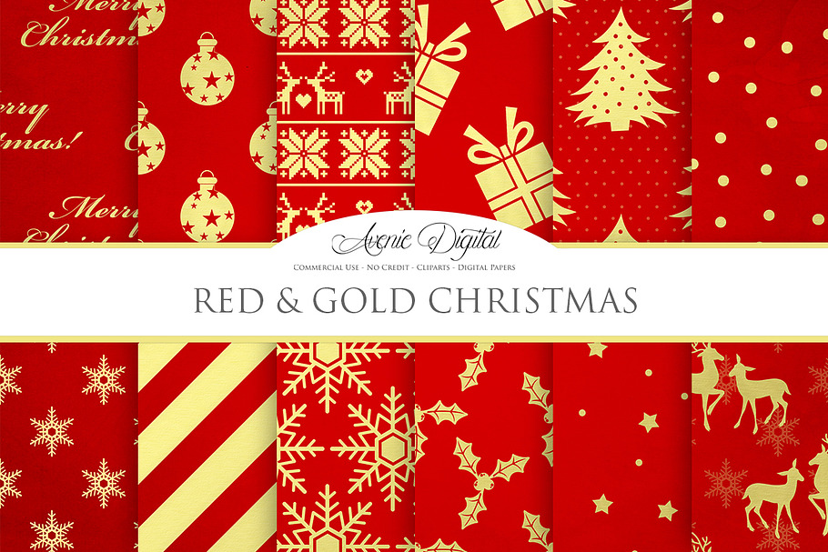 Red and Gold Christmas Digital Paper in Patterns - product preview 8