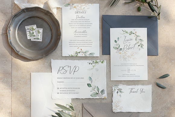 Watercolour & gold wedding suite in Wedding Templates - product preview 5